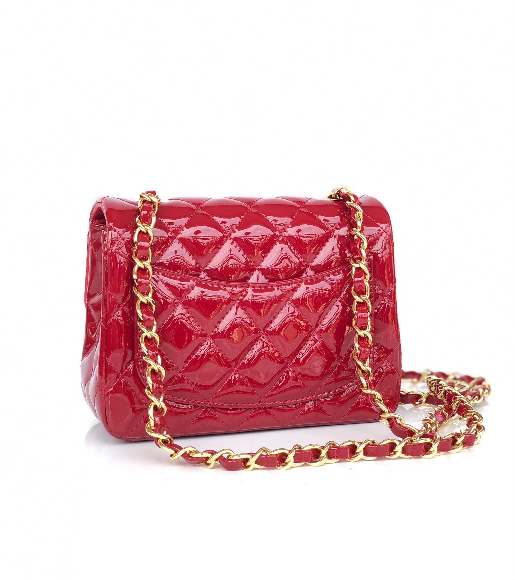 MINI Square FLAP BAG 17CM RED Patent Calfskin GOLD Hardware
