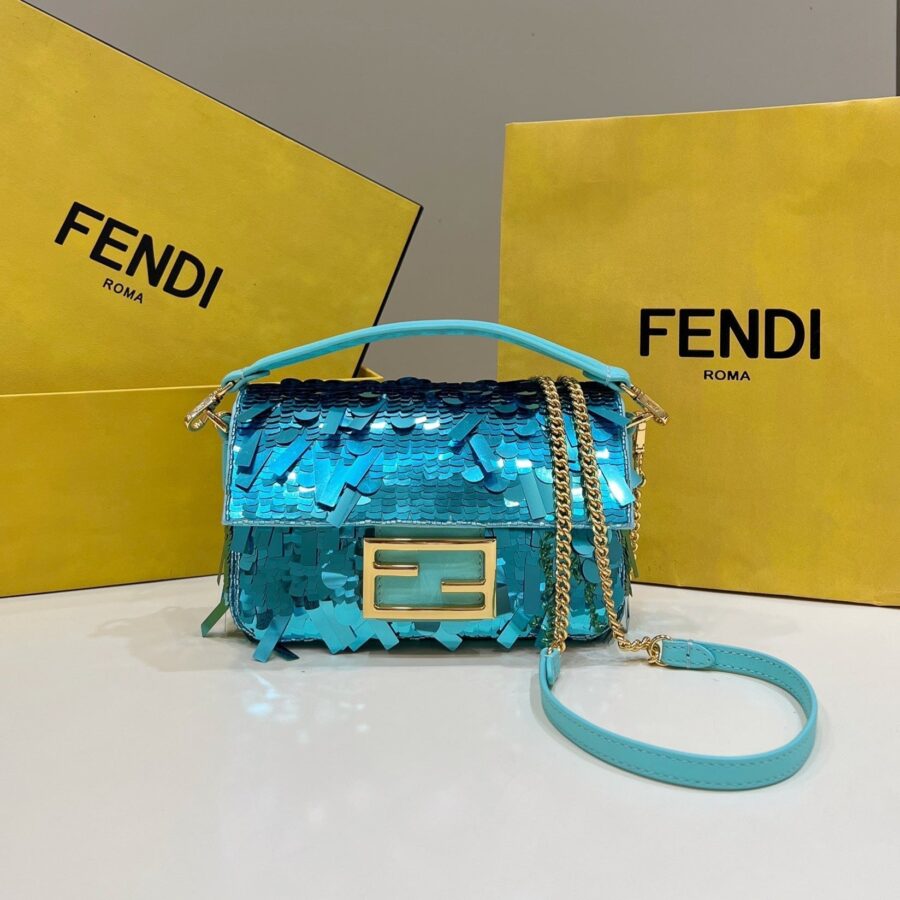 BAGUETTE MINI 19 IN BRIGHT TURQUOISE SEQUINS GOLD HARDWARE | Studio Nafay