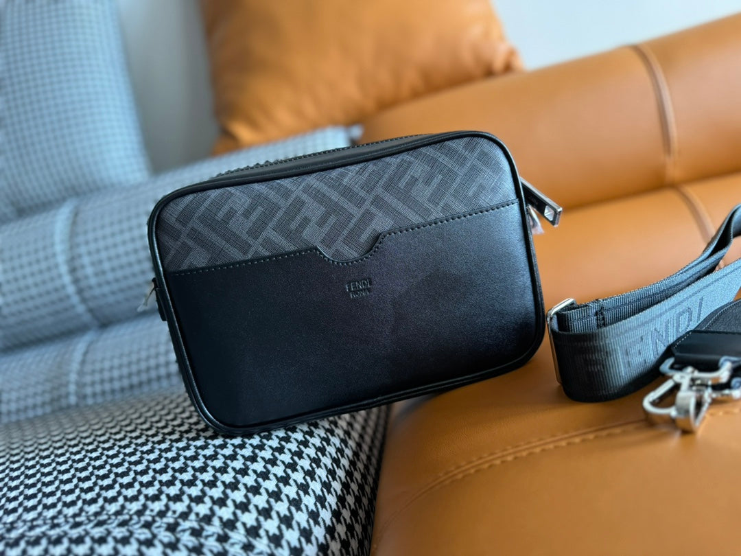 CLUTCH 22 WITH FF MOTIF IN DARK GRAY TEXTURED FABRIC AND BLACK LAMBSKIN TRIM